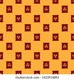 Red Radioactive waste in barrel icon isolated seamless pattern on brown background. Toxic refuse keg. Radioactive garbage emissions, environmental pollution. Vector Illustration