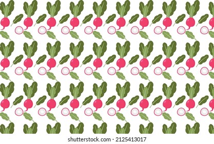 Red radish in flat style. Seamless floral pattern on a white background.