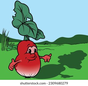 Red Radish with Hands and Green Leaves - Colored Cartoon Illustration with Background, Vector
