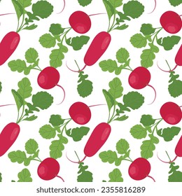 Patrón sin costuras de rábano rojo sobre fondo blanco. Verdura vectorial de estilo plano. Antecedentes de los textiles de cocina, patrón de verduras frescas al estilo de las caricaturas.