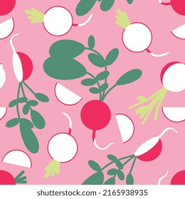 Red radish seamless pattern in vector. Vegetable pattern consisting of beautiful red radish, many root. Farm products. Vector illustration.