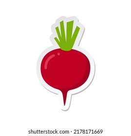 Un autocollant de radis rouge. icône de clip art de radis brut avec feuille. illustration vectorielle à plat