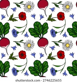 Red radish and wildflowers seamless pattern vector illustration
