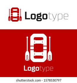 Red Rafting boat icon isolated on white background. Inflatable boat with oars. Water sports, extreme sports, holiday, vacation, team building. Logo design template element. Vector Illustration