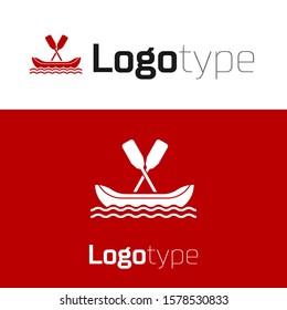 Red Rafting boat icon isolated on white background. Kayak with paddles. Water sports, extreme sports, holiday, vacation, team building. Logo design template element. Vector Illustration