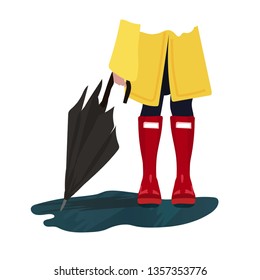 Red rain boots in a puddle with yellow raincoat and umbrella. Spring vector illustration. Rainy weather 