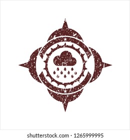Red rain icon inside distress rubber seal with grunge texture