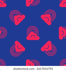 Red Rainbow with cloud icon isolated seamless pattern on blue background.  Vector