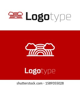 Red Rainbow with clouds icon isolated on white background. Logo design template element. Vector Illustration