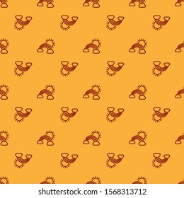 Red Rainbow with clouds and sun icon isolated seamless pattern on brown background.  Vector Illustration