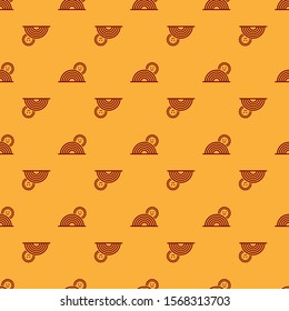 Red Rainbow with sun icon isolated seamless pattern on brown background.  Vector Illustration