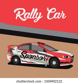 Red Rally car. Flat vector illustration in cartoon style.