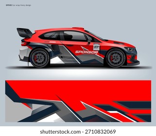 Red Rally Auto Wrap-Design in Vektordatei, Modell-up und druckbare Datei enthalten