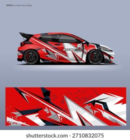 Red Rally Auto Wrap-Design in Vektordatei, Modell-up und druckbare Datei enthalten