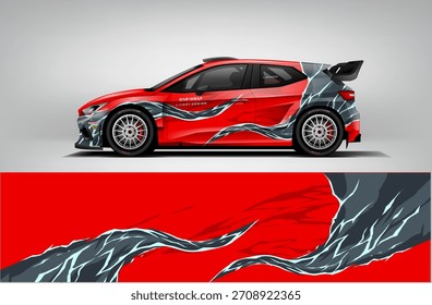 Envoltura de coche de rally rojo con rayas fluidas de rayos plateadas, grises, negras y blancas. Formato EPS de Vector editable.