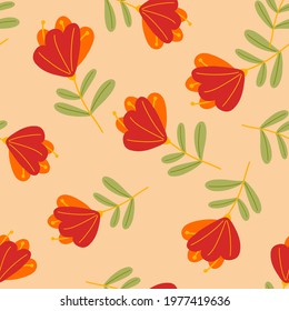 Red random cute flowers shapes seamless pattern in abstract style. Pastel beige background. Stock illustration. Vector design for textile, fabric, giftwrap, wallpapers.