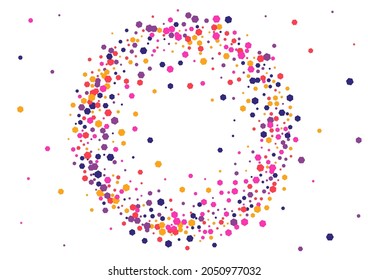 Red Random Dot Texture. Confetti Happiness Frame. Purple Round Flying. Circle Pink Splatter Wallpaper. Vector Background.