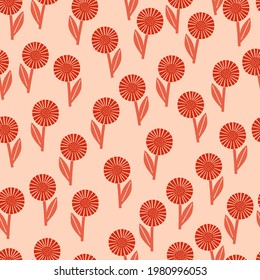 Flores de doodle geométricas rojas aleatorias sin fisuras. Fondo pastel rosa claro. Fondo botánico. Ilustración vectorial para impresiones textiles estacionales, tela, carteles, telas de fondo y papel pintado.