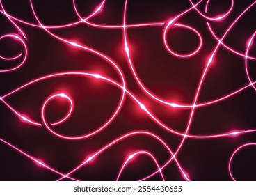 Red random light line curve wavy dark background vector illustration.