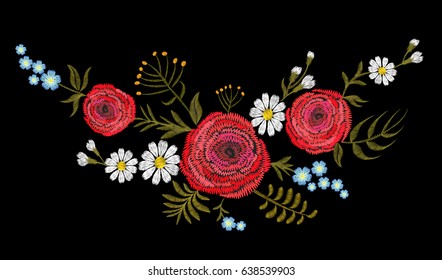 Red Ranunculus buttercup herb field flower. Vintage postcard. Traditional embroidery floral pattern. Vector folk fashion ornament black background.Patch textile sticker illustration art
