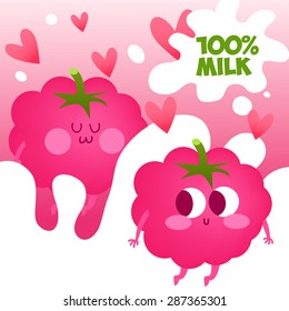 Red raspberries fruits falling into the milky splash. Vector illustration. Illustration with funny characters. Love and hearts. Funny food