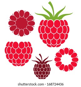 Red raspberries iIcon set. Vector illustration.  Isolated raspberries on white background