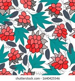 Red raspberry berries and green leaves on a white background. Vector seamless pattern. Design for cloth, wrapping, wallpaper, print.