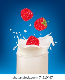 Red raspberry fruits falling into the milk splash in a glass. Vector illustration.