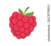 A red raspberry with a green leaf on top. The raspberry is shown in a cartoon style. The image is of a close up of a raspberry