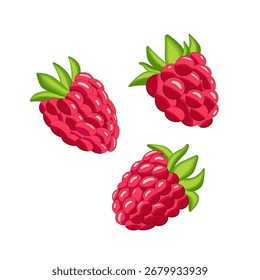 A red raspberry with a green leaf on top. The raspberry is shown in a cartoon style. The image is of a close up of a raspberry