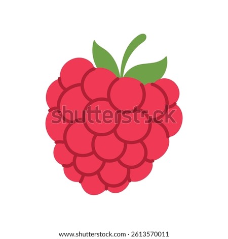 A red raspberry with a green leaf on top. The raspberry is shown in a cartoon style. The image is of a close up of a raspberry