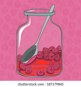 Red raspberry jam and seamless pattern of delicious ripe raspberries