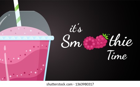 Red raspberry smoothie vitamin drink vector illustration. Berry smoothie logo on black background, glass filled with red smoothies drink for summer fast food season menu. Clipping mask applied.