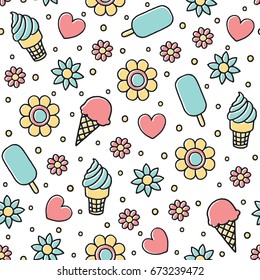 Red (Raspberry, Strawberry, Cherry), Blue (Pistachio, Mint) Ice Cream on a Wooden Stick and Ice Cream Cone with Dots, Hearts and Flowers Cartoon Outline Style Vector Seamless Pattern