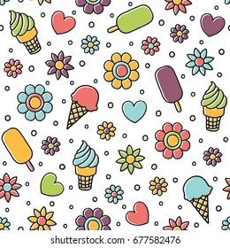 Red (Raspberry, Strawberry, Cherry), Green (Pistachio, Mint) Ice Cream on a Wooden Stick and Ice Cream Cone with Dots, Hearts and Flowers Cartoon Outline Style Vector Seamless Pattern