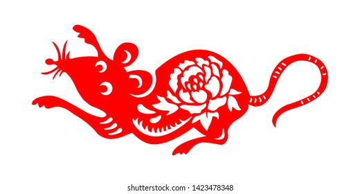 Red rat. Cut out of paper with an image of a peony. Chinese New Year 2020. Zodiac sign on an isolated background.