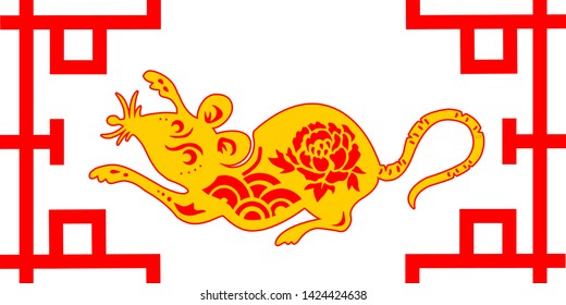 Red rat. Cut out of paper with an image of a peony. Chinese New Year 2020. Zodiac sign on an isolated background.
