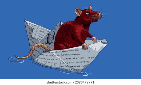 Rata roja flotando en un bote de papel del periódico	