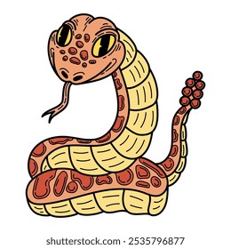 Serpiente de cascabel roja dibujada a mano plana. Linda serpiente. Animal peligroso con cuerpo largo y retorcido. Víbora, pitón, anaconda. Criatura venenosa. Vector ilustración de dibujos animados.