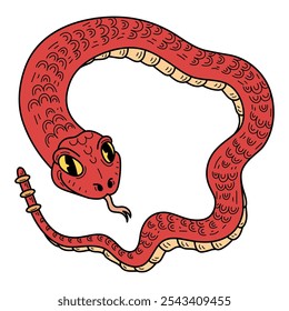 Serpiente de cascabel roja dibujada a mano plana. Linda serpiente. Animal peligroso con cuerpo largo y retorcido. Víbora, pitón, anaconda. Criatura venenosa. Vector ilustración de dibujos animados.