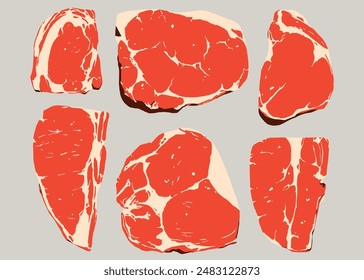 Red Raw Meat Beef Steak Butcher Corta Alimentos Juego De Ilustración vectorial Plana