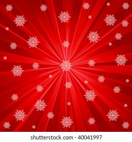 Red rays background with snowflakes. Vector illustration.