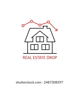 red real estate drop simple linear icon. concept of appreciation or competition in property and loss. flat minimal stroke trend investment demand or downturn