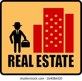 red real estate symbol with man and city silhouette