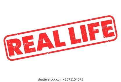 Red Real Life Stamp Style Typography on White Background. Red typography image representing a stamp-like design featuring the words 'Real Life,' aligned horizontally. 
