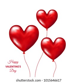 Red  realistic 3d balloons in shape of  hearts  for  Valentines day  greeting card  isolated on white  background. Wedding decoration. Vector   template.