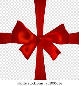 Red realistic 3d bow with ribbons, isolated on transparent background. Vector illustration. Poster, card or brochure template.