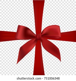 Red realistic 3d bow with ribbons, isolated on transparent background. Vector illustration. Poster, card or brochure template.