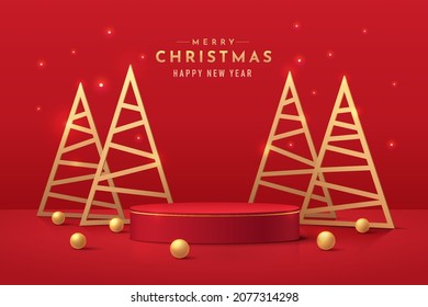 Red realistic 3d cylinder pedestal podium with golden triangle christmas tree and sphere balls. Minimal merry christmas scene for Promotion display, Product showcase. Vector abstract studio room. 