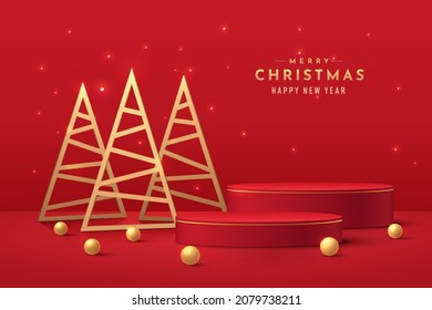 Red realistic 3d cylinder pedestal podium set with golden triangle christmas tree and sphere balls. Minimal merry christmas scene for Promotion display, Product showcase. Vector abstract studio room. 